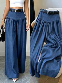 Elenzga Navy Blue Elegant Denim Flowy Wide Leg Pants, Textured Fabric, Suitable For Work Business And Casual Wear Autumn - Dusty Blue - View 3