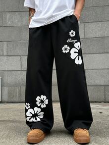 男士青少年街頭風寬鬆大寬腿針織長褲，雙腰設計，舒適面料，百搭色，游泳夏季黑色 - 彩色 - 查看 4