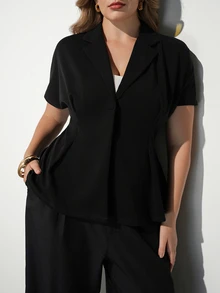 Maija Plus Size Elegant Smart Business Casual Commuter Solid Color Waist-Cinching Blazer Teachers' Day Office Going Out Evening Black Summer Fall/Winter - Black - View 5