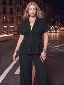 Maija Plus Size Elegant Smart Business Casual Commuter Solid Color Waist-Cinching Blazer Teachers' Day Office Going Out Evening Black Summer Fall/Winter - Black - View 1