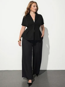 Maija Plus Size Elegant Smart Business Casual Commuter Solid Color Waist-Cinching Blazer Teachers' Day Office Going Out Evening Black Summer Fall/Winter - Black - View 3