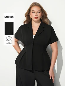Maija Plus Size Elegant Smart Business Casual Commuter Solid Color Waist-Cinching Blazer Teachers' Day Office Going Out Evening Black Summer Fall/Winter - Black - View 2