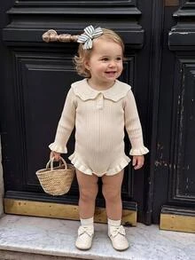 SHEIN Baby Girls Sweater Onesies, Infant Baby Knit Long Sleeve Pullover Collar Bodysuit, Suitable For Autumn/Winter - Apricot - View 1