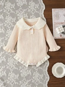 SHEIN Baby Girls Sweater Onesies, Infant Baby Knit Long Sleeve Pullover Collar Bodysuit, Suitable For Autumn/Winter - Apricot - View 8