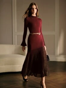 MOTF PREMIUM WOMEN'S AUTUMN/WINTER FITTED SWEATER DRESS WITH RUFFLE SLEEVES AND PLEATED HEM, BELT NOT INCLUDED - Burgundy - View 6