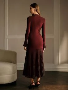 MOTF PREMIUM WOMEN'S AUTUMN/WINTER FITTED SWEATER DRESS WITH RUFFLE SLEEVES AND PLEATED HEM, BELT NOT INCLUDED - Burgundy - View 3