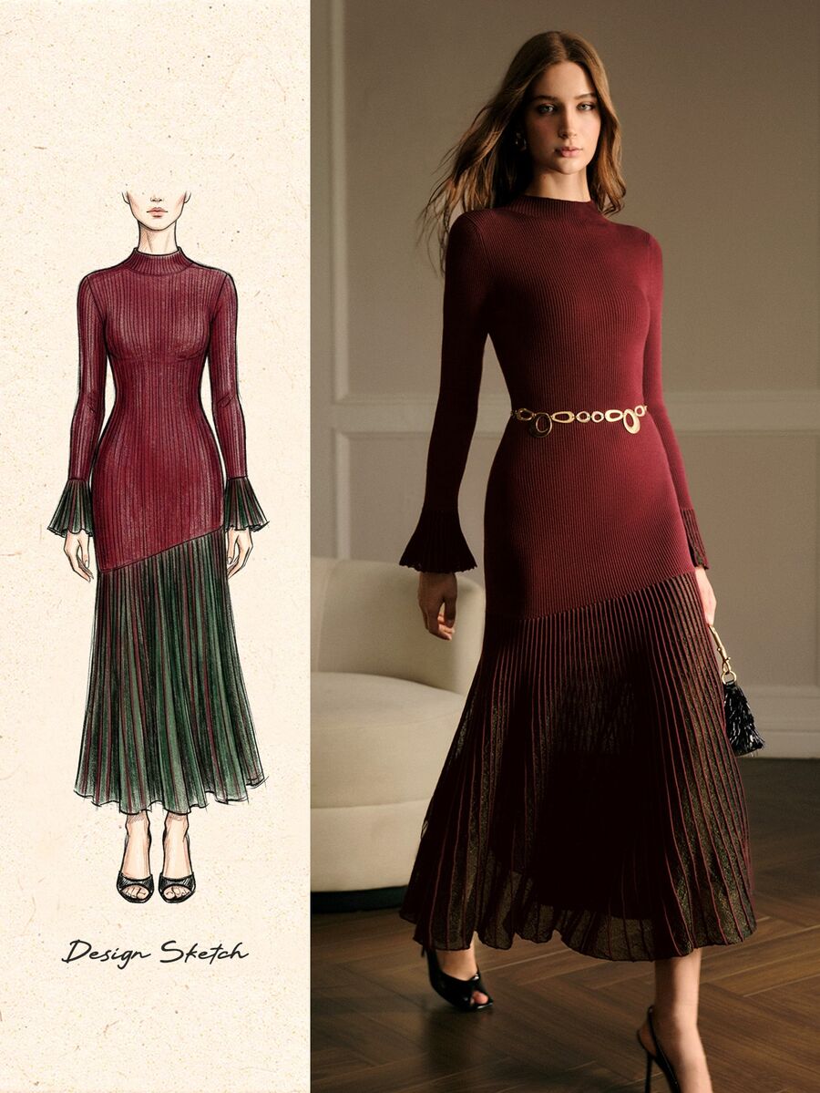 MOTF PREMIUM WOMEN'S AUTUMN/WINTER FITTED SWEATER DRESS WITH RUFFLE SLEEVES AND PLEATED HEM, BELT NOT INCLUDED - Burgundy - View 1