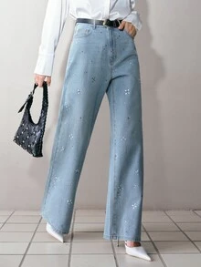 MOTF PREMIUM WOMEN'S RHINESTONE EMBELLISHED SLANTED POCKET DENIM JEANS - Blue - View 6