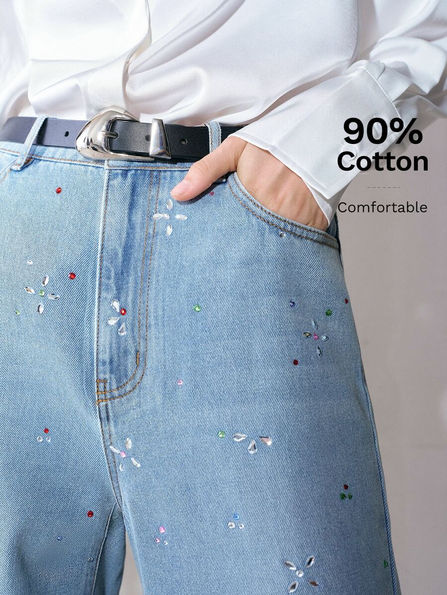 MOTF PREMIUM WOMEN'S RHINESTONE EMBELLISHED SLANTED POCKET DENIM JEANS - Blue - View 1