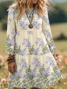 EMERY ROSE Women's Floral Print Round Neck Long Sleeve Casual Vacation Dress - Multicolor - View 5