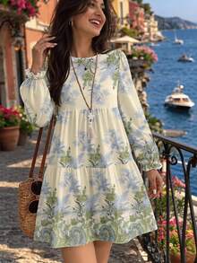 EMERY ROSE Women's Floral Print Round Neck Long Sleeve Casual Vacation Dress - Multicolor - View 1