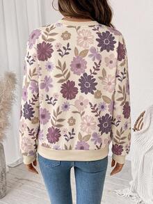 SHEIN LUNE Crew Neck Pullover Long Sleeve Basic Ditsy Floral Sweatshirt Brunch Beige Casual Romantic - White - View 2
