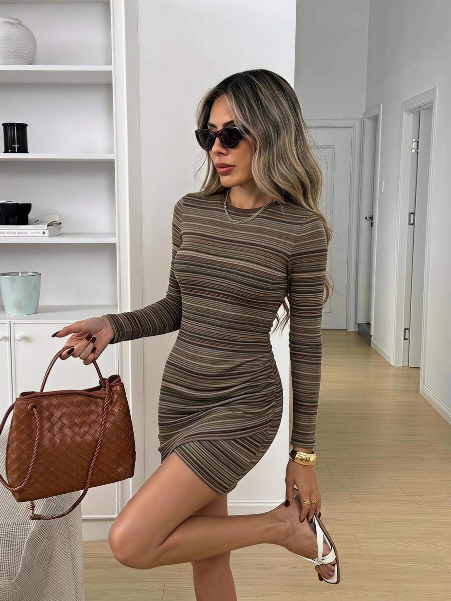 SHEIN LUNE Contrast Ribbed Crew Neck Fitted Long Sleeve Ruched Waist Ribbed Knit Short Dress For Women, Autumn/Winter Brunch Brown Stripe Casual - Multicolor - View 1