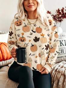 SHEIN LUNE Women's Halloween Print Maple Leaf Pumpkin Pattern Crew Neck Pullover Long Sleeve Sweatshirt Everyday School Beige Autumn Casual Cute - White - View 1