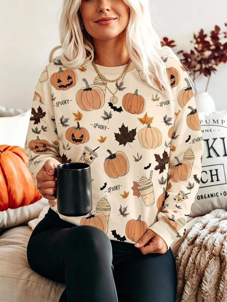 SHEIN LUNE Women's Halloween Print Maple Leaf Pumpkin Pattern Crew Neck Pullover Long Sleeve Sweatshirt Everyday School Beige Autumn Casual Cute - White - View 1