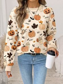 SHEIN LUNE Women's Halloween Print Maple Leaf Pumpkin Pattern Crew Neck Pullover Long Sleeve Sweatshirt Everyday School Beige Autumn Casual Cute - White - View 2