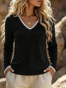 EMERY ROSE Casual Minimalist Pure Cotton Shell Lace Embroidered Trim Regular Fit V-Neck Long Sleeve Women's T-Shirt Autumn Basics Tight-Fitting - Black - View 7