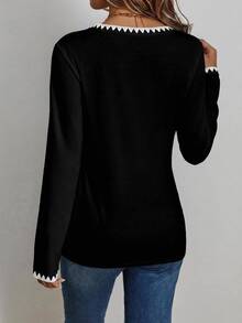 EMERY ROSE Casual Minimalist Pure Cotton Shell Lace Embroidered Trim Regular Fit V-Neck Long Sleeve Women's T-Shirt Autumn Basics Tight-Fitting - Black - View 4