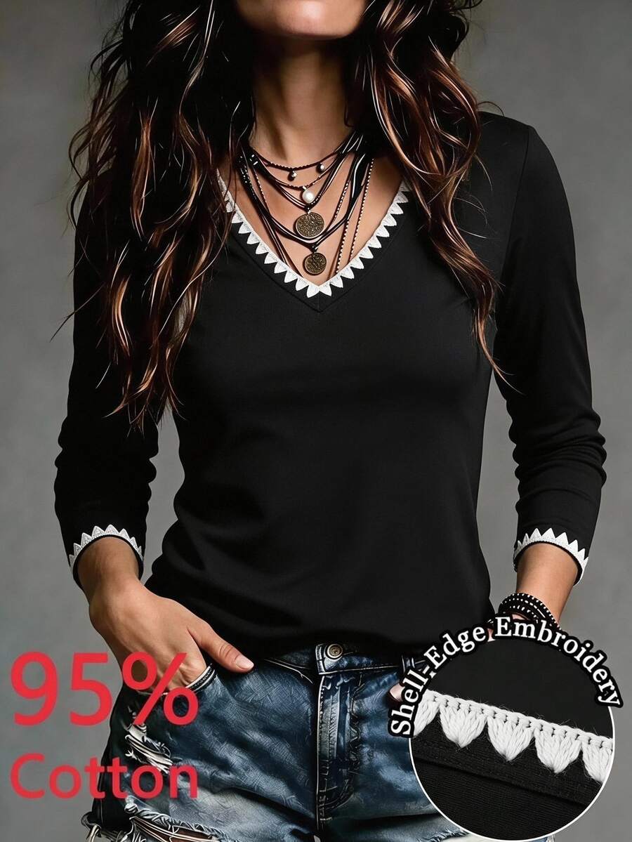 EMERY ROSE Casual Minimalist Pure Cotton Shell Lace Embroidered Trim Regular Fit V-Neck Long Sleeve Women's T-Shirt Autumn Basics Tight-Fitting
