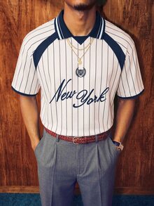 Aesthetic Post 復古美式字母徽章條紋 Polo 運動衫，夏季休閒畢業返校寬鬆棒球球衣短袖上衣，足球風 - 彩色 - 查看 4