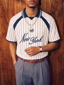 Aesthetic Post 復古美式字母徽章條紋 Polo 運動衫，夏季休閒畢業返校寬鬆棒球球衣短袖上衣，足球風 - 彩色 - 查看 8