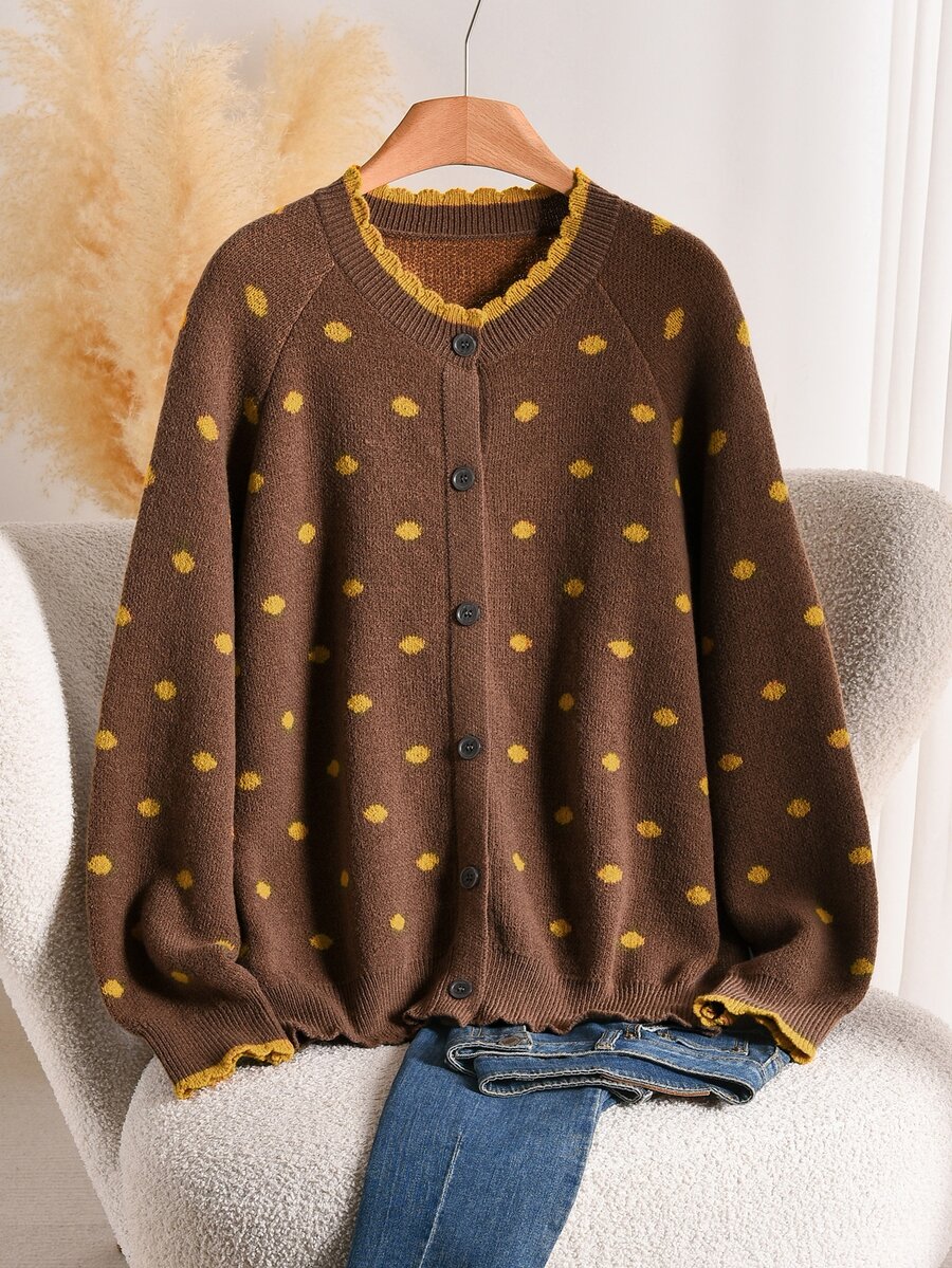 CosyJoli Plus Size Women's Fashion Polka Dot Yellow Sweater Cardigan Casual Soft Form Versatile Commute Formal Date Night Autumn/Winter Outerwear