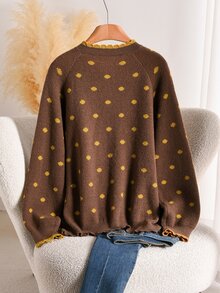 CosyJoli Plus Size Women's Fashion Polka Dot Yellow Sweater Cardigan Casual Soft Form Versatile Commute Formal Date Night Autumn/Winter Outerwear - Multicolor - View 3