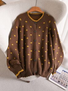 CosyJoli Plus Size Women's Fashion Polka Dot Yellow Sweater Cardigan Casual Soft Form Versatile Commute Formal Date Night Autumn/Winter Outerwear - Multicolor - View 4