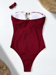 SHEIN Swim 女款時尚海灘裝 素色紋理布料細肩帶鏤空胸部與多色串珠設計 性感度假連身泳衣 - 酒紅色 - 查看 2