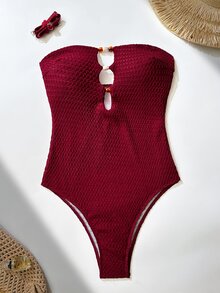 SHEIN Swim 女款時尚海灘裝 素色紋理布料細肩帶鏤空胸部與多色串珠設計 性感度假連身泳衣 - 酒紅色 - 查看 5