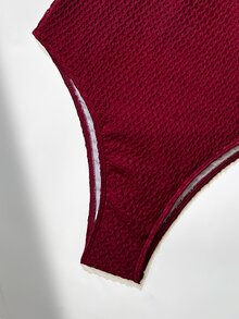 SHEIN Swim 女款時尚海灘裝 素色紋理布料細肩帶鏤空胸部與多色串珠設計 性感度假連身泳衣 - 酒紅色 - 查看 3