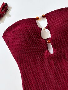 SHEIN Swim 女款時尚海灘裝 素色紋理布料細肩帶鏤空胸部與多色串珠設計 性感度假連身泳衣 - 酒紅色 - 查看 6