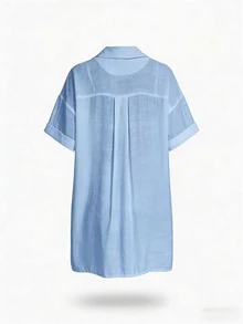 SHEIN Swim 女款藍色休閒夏季短袖鈕扣襯衫，優雅純色和服風海灘度假假日輕便沙灘裝，派對街頭風 - 淺藍色 - 查看 9