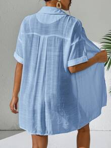 SHEIN Swim 女款藍色休閒夏季短袖鈕扣襯衫，優雅純色和服風海灘度假假日輕便沙灘裝，派對街頭風 - 淺藍色 - 查看 2