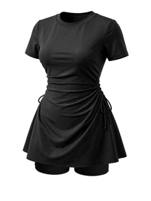 SHEIN Swim 2件組大尺碼女款純色無袖上衣短褲泳裝套裝，端莊優雅，適合夏季海灘派對度假，黑色 - 黑色 - 查看 8