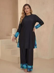 SHEIN Swim Plus Size Women's Color Block Long Sleeve Top And Pants Burkini Two-Piece Swimwear Set Summer Vacation Party Beach Black Tropical Elegant - Black - View 3