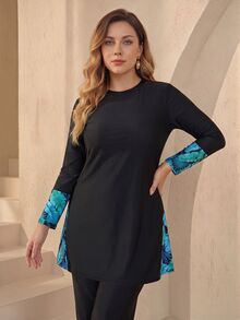 SHEIN Swim Plus Size Women's Color Block Long Sleeve Top And Pants Burkini Two-Piece Swimwear Set Summer Vacation Party Beach Black Tropical Elegant - Black - View 5