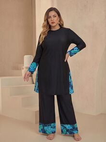 SHEIN Swim Plus Size Women's Color Block Long Sleeve Top And Pants Burkini Two-Piece Swimwear Set Summer Vacation Party Beach Black Tropical Elegant - Black - View 6