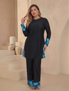 SHEIN Swim Plus Size Women's Color Block Long Sleeve Top And Pants Burkini Two-Piece Swimwear Set Summer Vacation Party Beach Black Tropical Elegant - Black - View 7