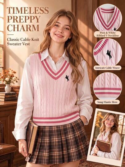 SHEIN Tween Girl) Light Apricot V-Neck Embroidered Knit Sweater Vest, Soft And Comfortable, Suitable For Daily Wear, Outings, Travel, Vacation, Daycare, And Play