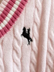 SHEIN (Tween Girl) 淡杏色 V 領刺繡針織背心，柔軟舒適，適合日常穿著、外出、旅行、度假、托兒所及玩耍 - 粉色 - 查看 5