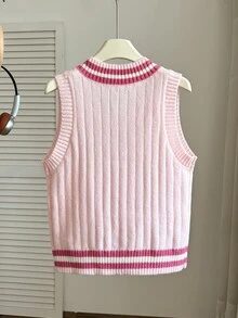 SHEIN (Tween Girl) 淡杏色 V 領刺繡針織背心，柔軟舒適，適合日常穿著、外出、旅行、度假、托兒所及玩耍 - 粉色 - 查看 2