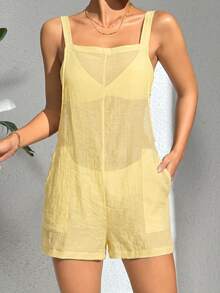 SHEIN Swim Solid Color Square Neck Sleeveless Sheer Summer Loose Fit Cover-Up With Pockets Beach Butter Yellow Modest Casual - Pale Yellow - View 4