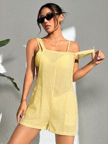 SHEIN Swim Solid Color Square Neck Sleeveless Sheer Summer Loose Fit Cover-Up With Pockets Beach Butter Yellow Modest Casual - Pale Yellow - View 8