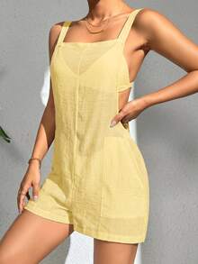 SHEIN Swim Solid Color Square Neck Sleeveless Sheer Summer Loose Fit Cover-Up With Pockets Beach Butter Yellow Modest Casual - Pale Yellow - View 6