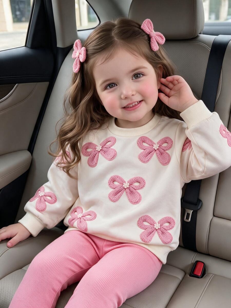 SHEIN Vintaside Kids 2件組幼女運動衫+長褲,甜粉奶油色,3D蝴蝶結羅紋花卉,長袖圓領,休閒款,適合生日派對、秋季假期、活動穿著 - 粉色 - 查看 1