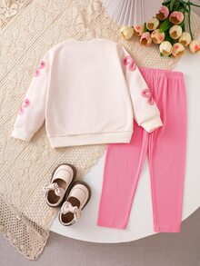 SHEIN Vintaside Kids 2件組幼女運動衫＋長褲，甜粉奶油色，3D蝴蝶結羅紋花卉，長袖圓領，休閒款，適合生日派對、秋季假期、活動穿著 - 粉色 - 查看 4