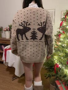 DAZY Women's Christmas Autumn/Winter Comfortable Colorblock Deer Pattern Atmosphere Mesh-Feel Korean Style Sweater - Khaki - View 2