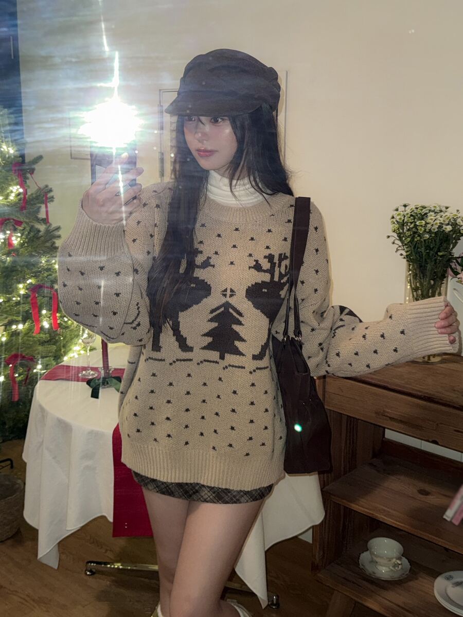 DAZY Women's Christmas Autumn/Winter Comfortable Colorblock Deer Pattern Atmosphere Mesh-Feel Korean Style Sweater - Khaki - View 1