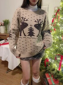 DAZY Women's Christmas Autumn/Winter Comfortable Colorblock Deer Pattern Atmosphere Mesh-Feel Korean Style Sweater - Khaki - View 7